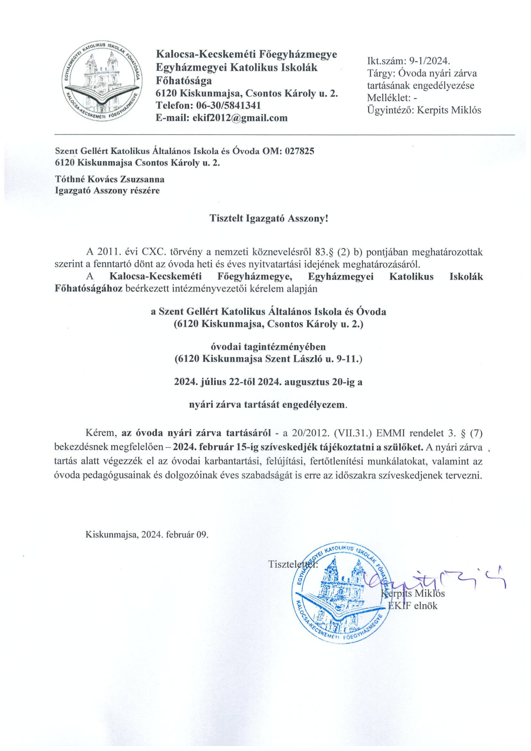 Óvoda nyári zárva tartás engedélye